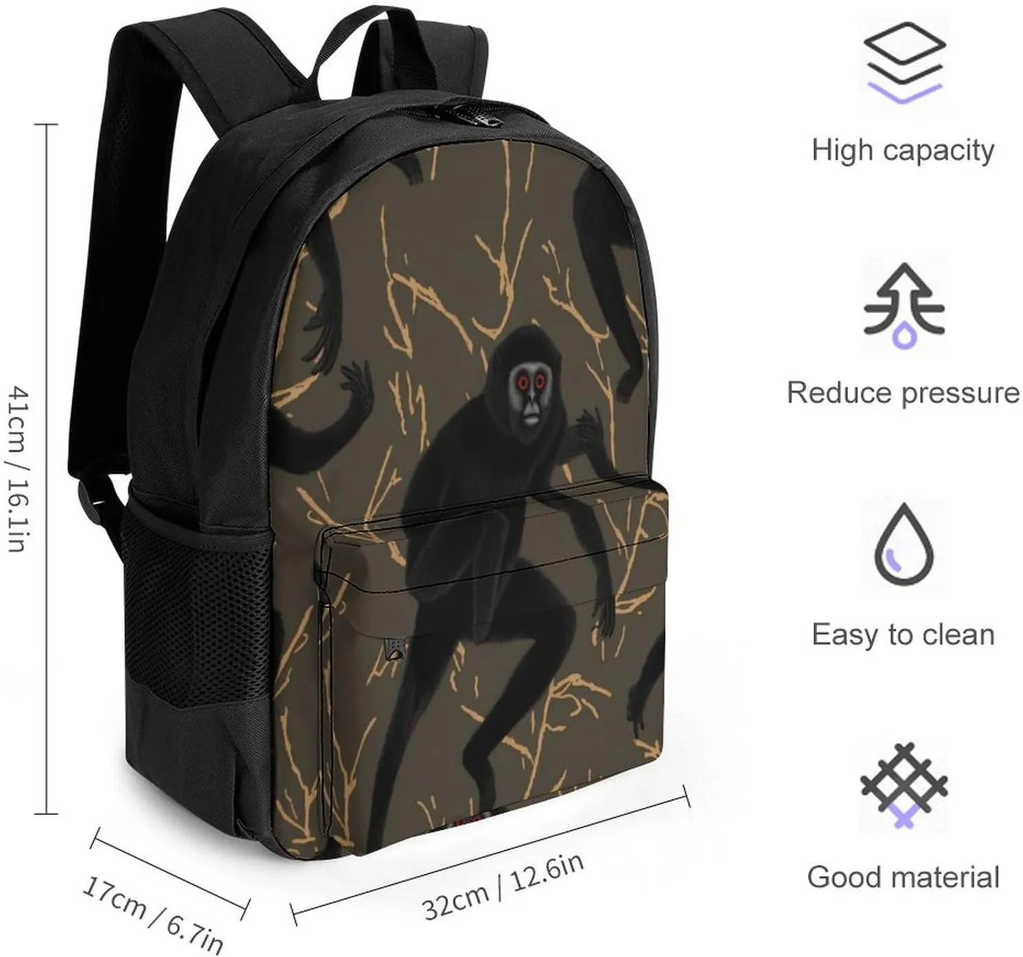 Travel Backpack Lightweight Laptop Backpack Personalized Black Gibbon Monkey Casual Backpacks For Men Womens