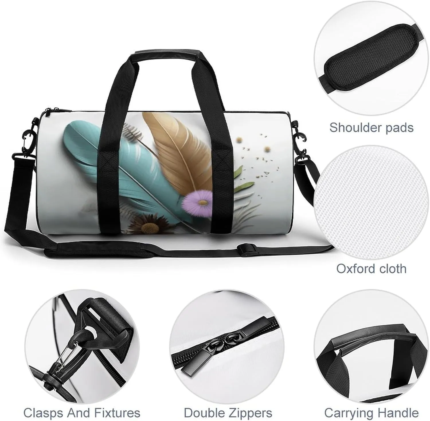 Travel Duffel Bag for Men And Women,Feather Flower Waterproof Sports Fitness Bag Portable Travel Duffel Bag