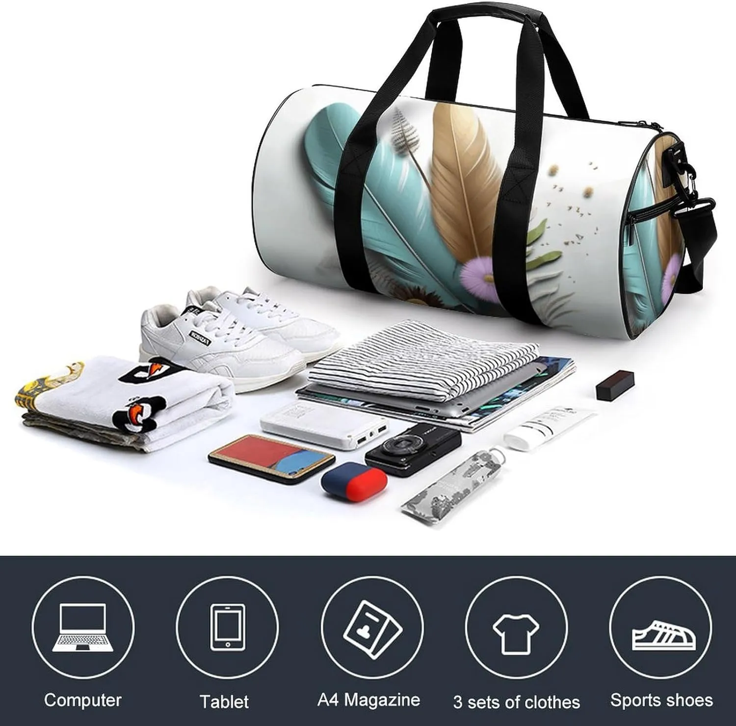 Travel Duffel Bag for Men And Women,Feather Flower Waterproof Sports Fitness Bag Portable Travel Duffel Bag