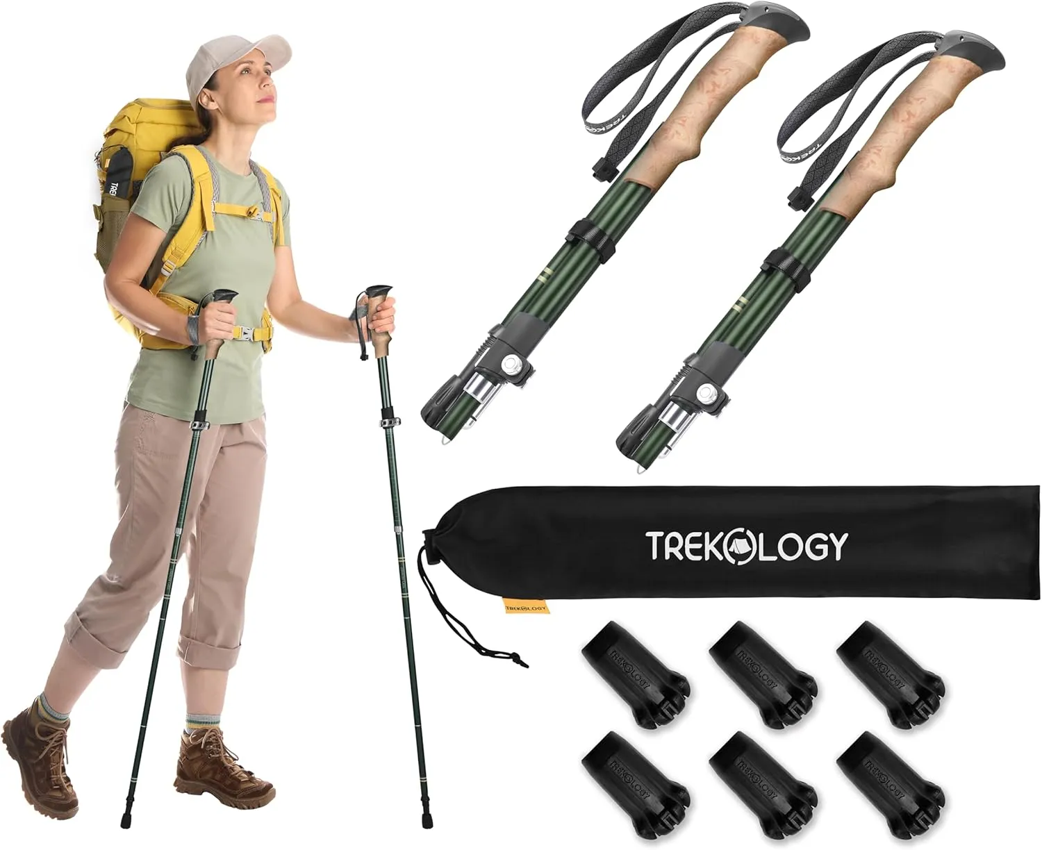 TREKOLOGY TREKZ SE 2pc Trekking Poles Bundle: Collapsible Lightweight Hiking Sticks for Men and Women with 6 Rubber Replacement Tips - Fit Most Standard Hiking Poles