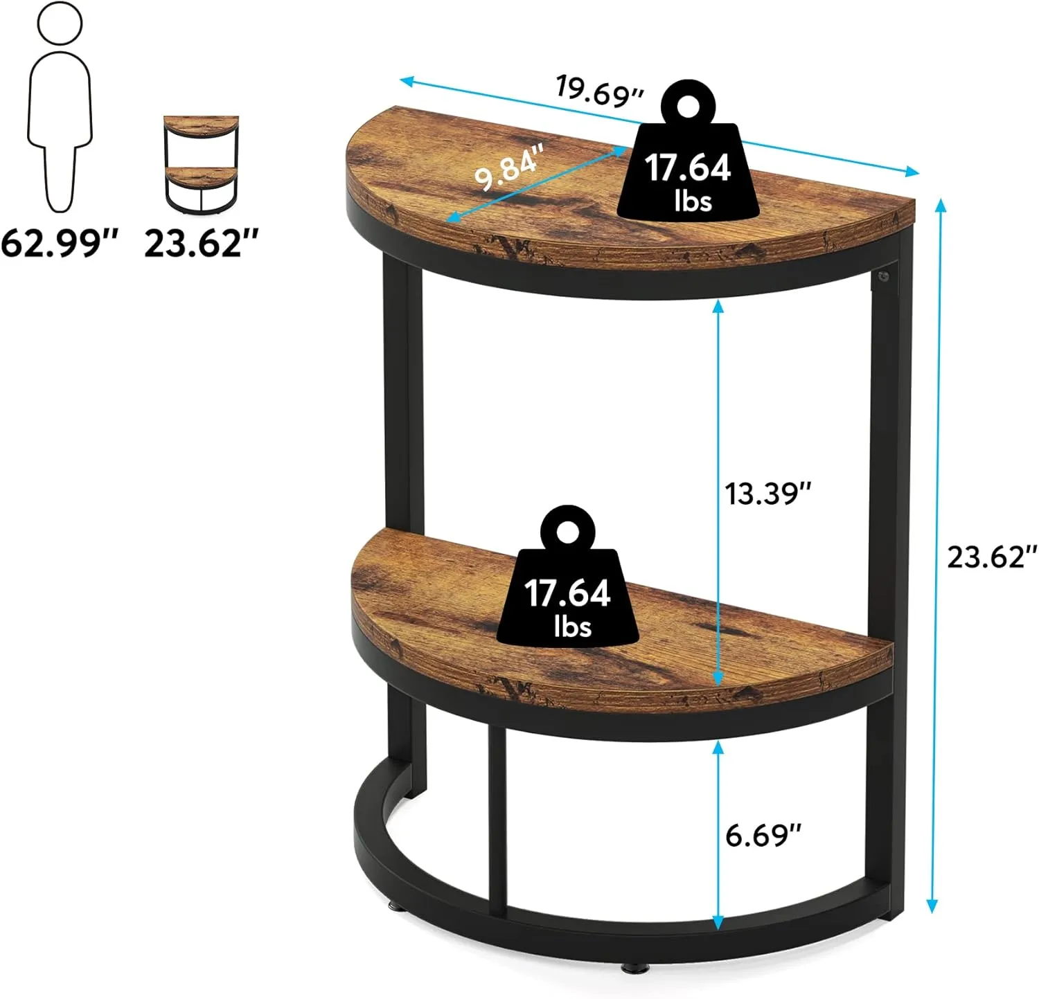 Tribesigns 2-Tier End Table Semi Circle, Small Half Round Side Table with Storage Shelf, Wood Accent Table Slim C Table for Sofa Couch, Living Room, Bedroom, Small Space, Easy Assembly, Rustic Brown