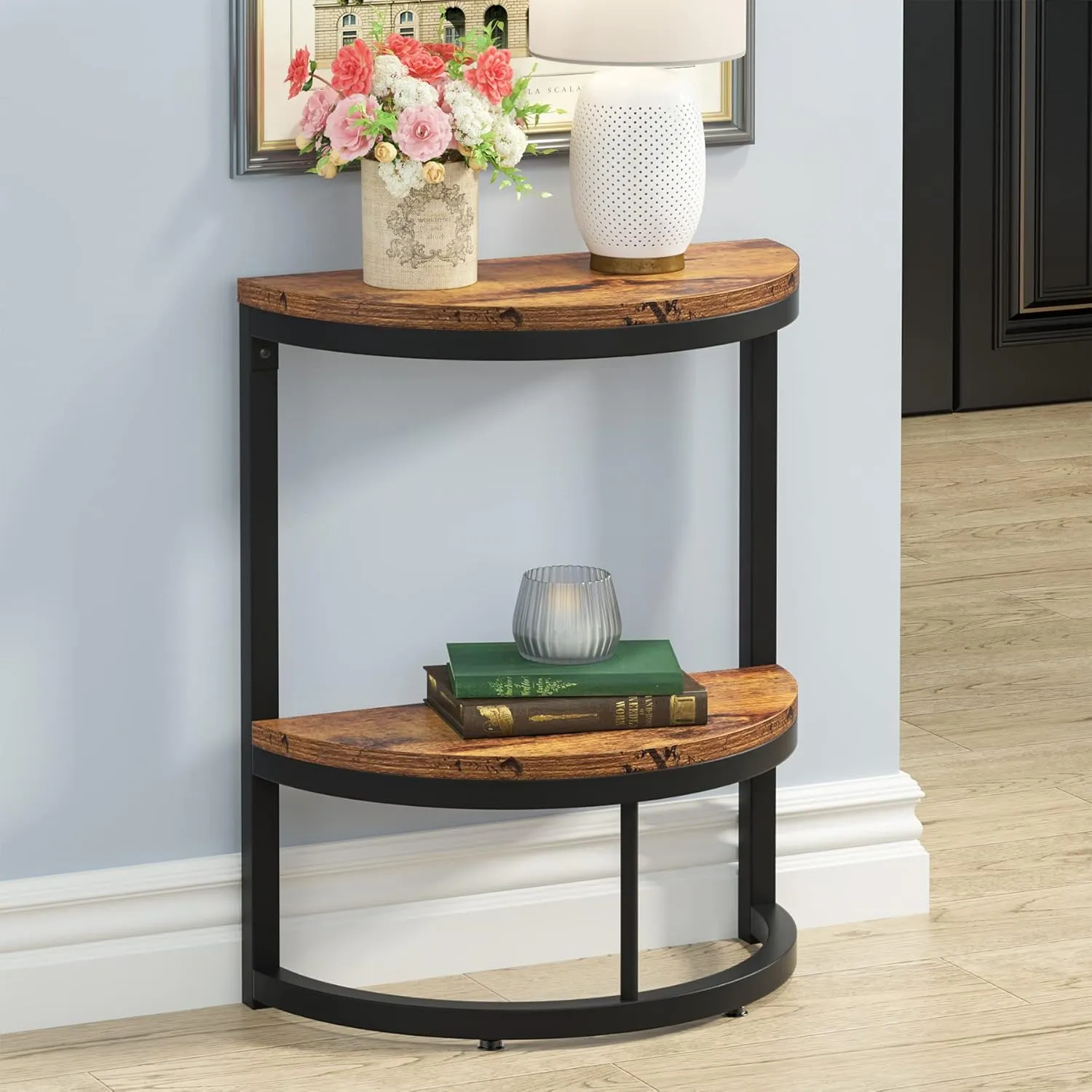 Tribesigns 2-Tier End Table Semi Circle, Small Half Round Side Table with Storage Shelf, Wood Accent Table Slim C Table for Sofa Couch, Living Room, Bedroom, Small Space, Easy Assembly, Rustic Brown