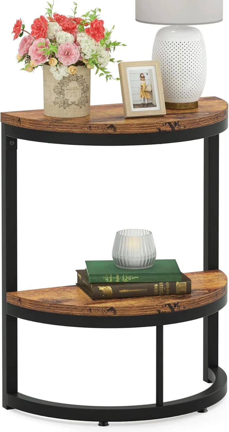 Tribesigns 2-Tier End Table Semi Circle, Small Half Round Side Table with Storage Shelf, Wood Accent Table Slim C Table for Sofa Couch, Living Room, Bedroom, Small Space, Easy Assembly, Rustic Brown