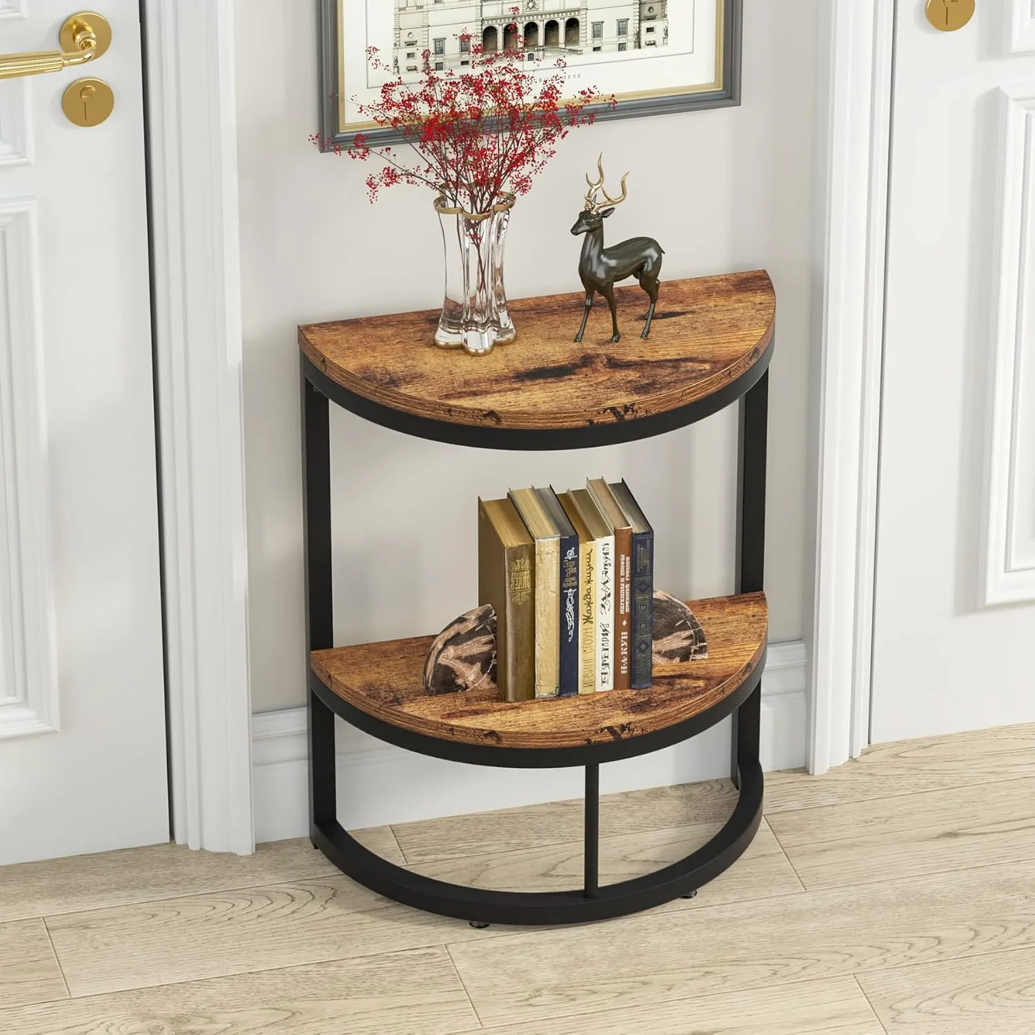 Tribesigns 2-Tier End Table Semi Circle, Small Half Round Side Table with Storage Shelf, Wood Accent Table Slim C Table for Sofa Couch, Living Room, Bedroom, Small Space, Easy Assembly, Rustic Brown