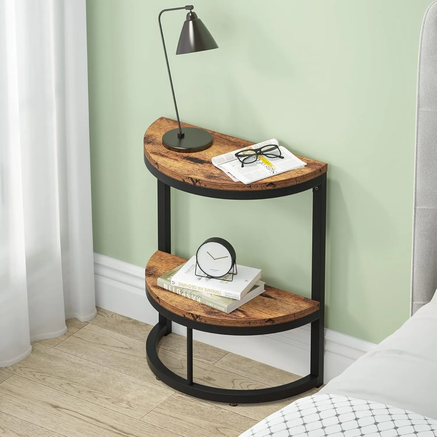 Tribesigns 2-Tier End Table Semi Circle, Small Half Round Side Table with Storage Shelf, Wood Accent Table Slim C Table for Sofa Couch, Living Room, Bedroom, Small Space, Easy Assembly, Rustic Brown