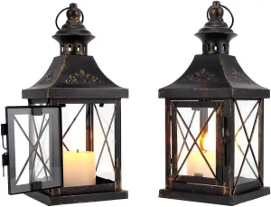 TRIROCKS Set of 2 Decorative Candle Lantern 11'' High Metal Candle Holder Hanging Lantern Perfect for Home Decor Halloween Living Room Parties Events Tabletop Indoors Outdoors (Black with Gold Brush)