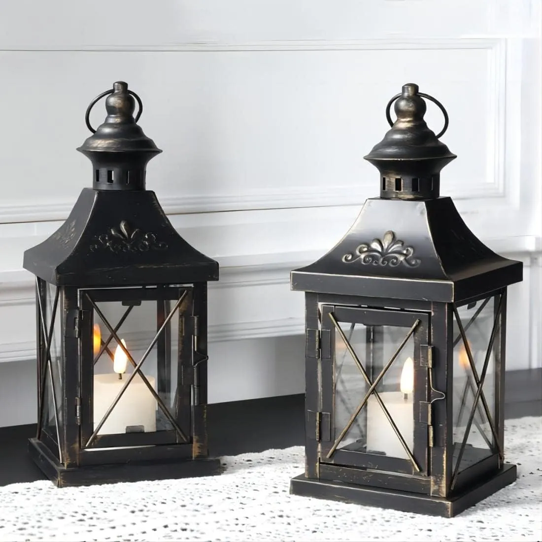 TRIROCKS Set of 2 Decorative Candle Lantern 11'' High Metal Candle Holder Hanging Lantern Perfect for Home Decor Halloween Living Room Parties Events Tabletop Indoors Outdoors (Black with Gold Brush)