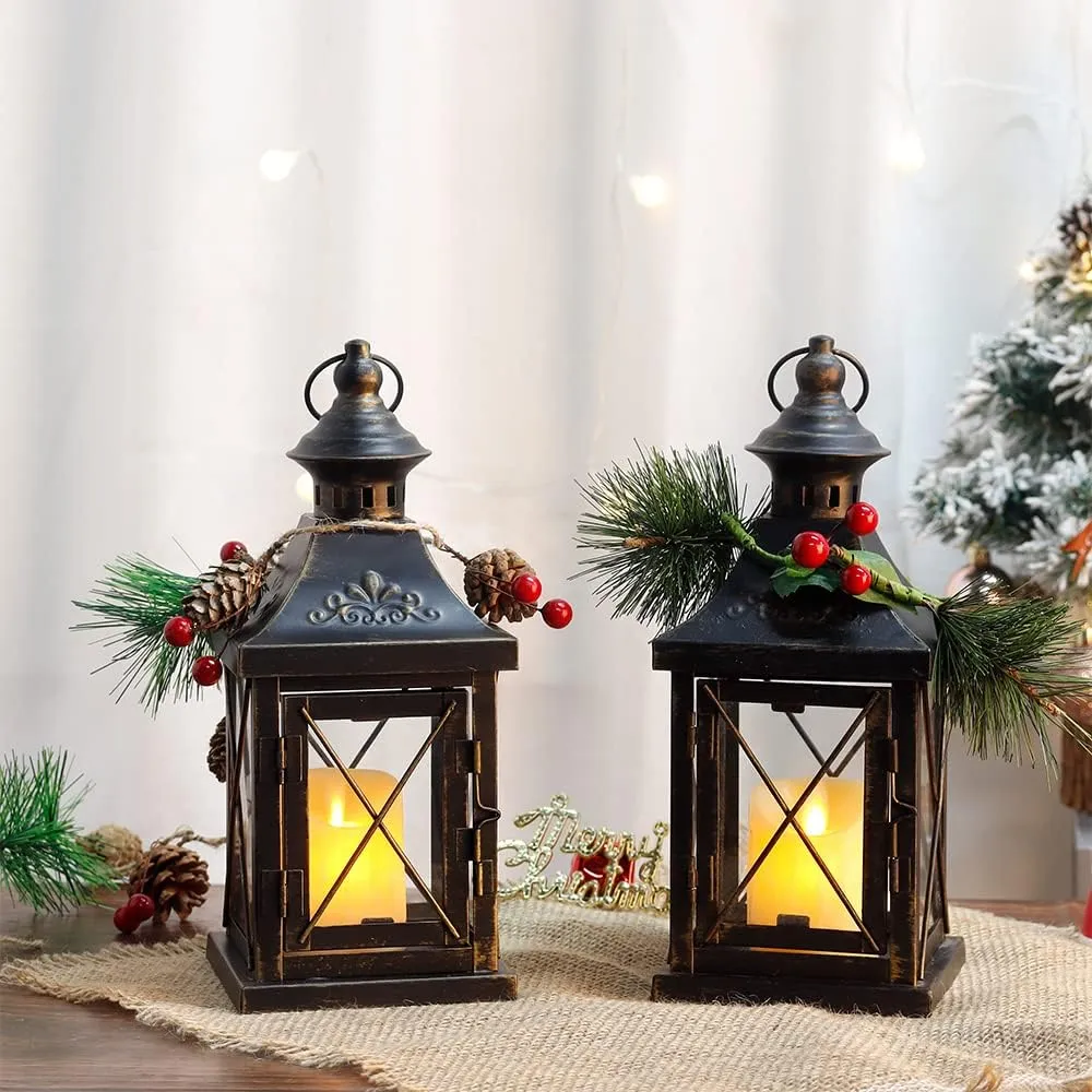 TRIROCKS Set of 2 Decorative Candle Lantern 11'' High Metal Candle Holder Hanging Lantern Perfect for Home Decor Halloween Living Room Parties Events Tabletop Indoors Outdoors (Black with Gold Brush)