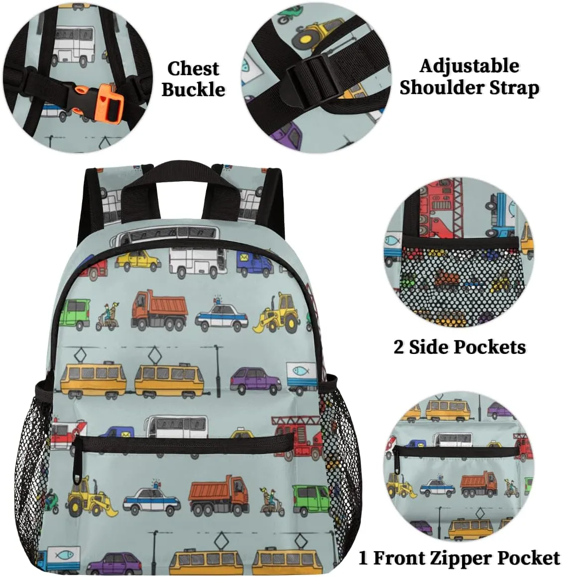 TropicalLife Toddler Backpack Car Colorful Truck Kids Backpack for Boys and Girls Cute Bus Preschool Bag Kindergarten Schoolbag With Chest Strap