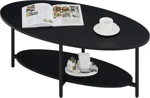 TUKAILAi Oval Coffee Table with Open Storage Shelf, 2-Tier Wooden Tea Table with Adjustable Feetpad, Industrial Center Table with Cross Metal Legs for Living Room, Bedroom, Lounge (Black)