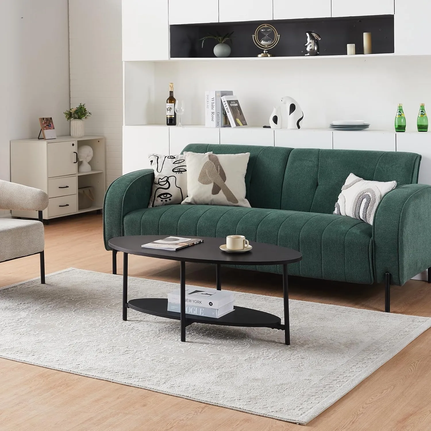 TUKAILAi Oval Coffee Table with Open Storage Shelf, 2-Tier Wooden Tea Table with Adjustable Feetpad, Industrial Center Table with Cross Metal Legs for Living Room, Bedroom, Lounge (Black)