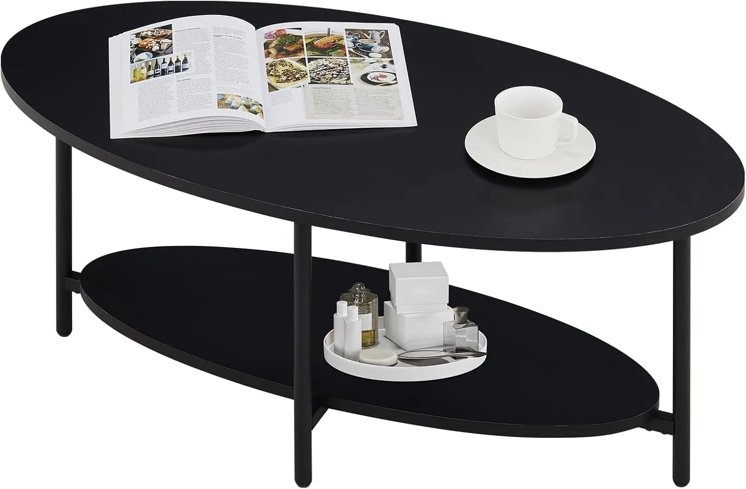 TUKAILAi Oval Coffee Table with Open Storage Shelf, 2-Tier Wooden Tea Table with Adjustable Feetpad, Industrial Center Table with Cross Metal Legs for Living Room, Bedroom, Lounge (Black)