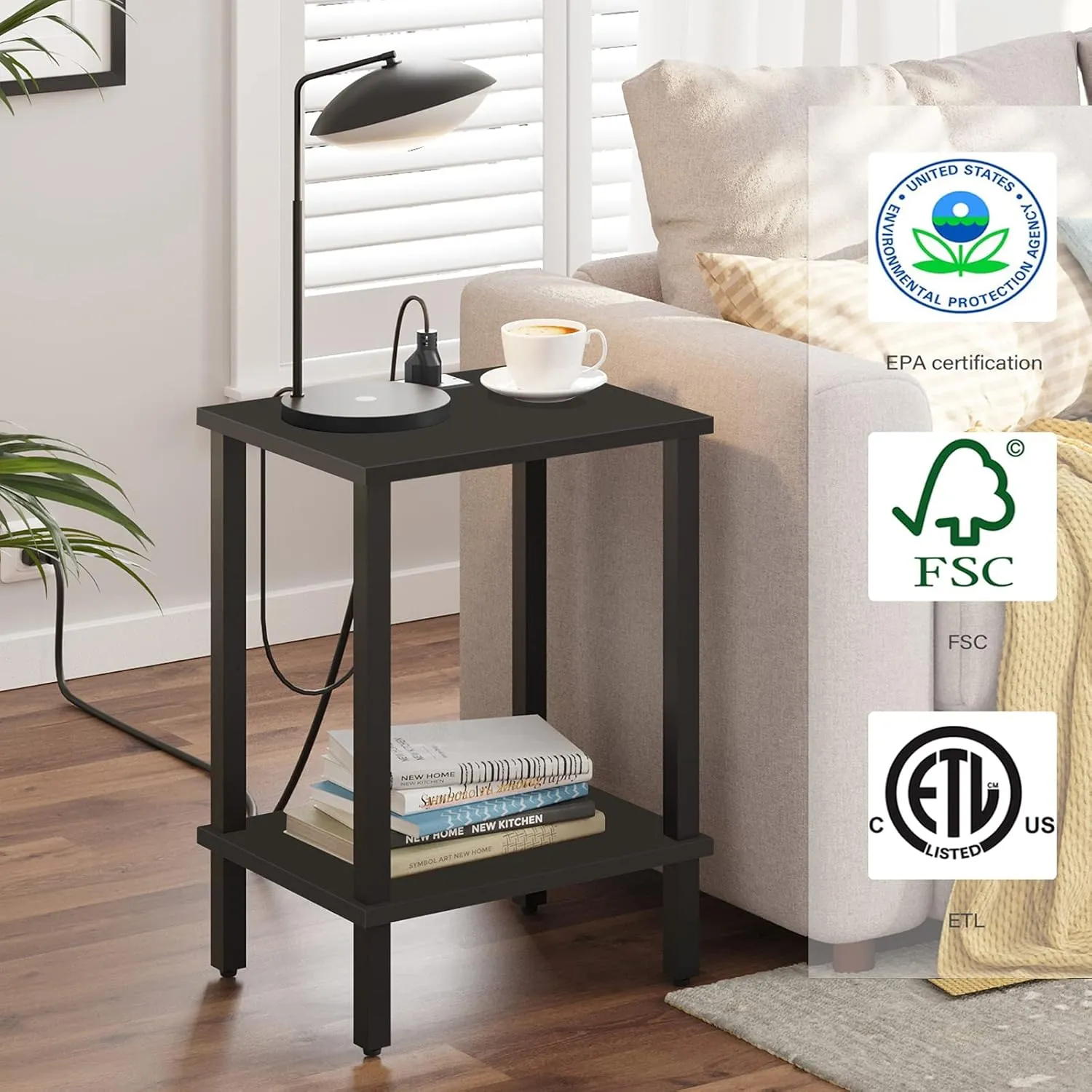 TUTOTAK End Table with Charging Station, Side Table with USB Ports and Outlets, Nightstand, 2-Tier Storage Shelf, Sofa Table for Small Space TB01BK040
