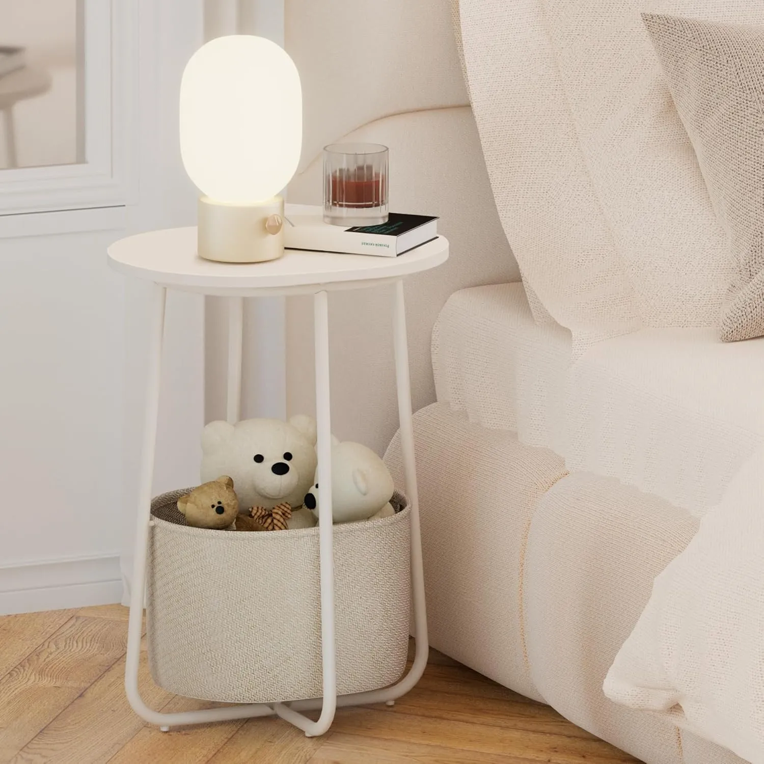 TUTOTAK Small Side Table, Oval End Table, Night Stand, Bedside Table, Sofa Table with Cloth Storage Basket, Living Room, Bed Room, White TB01BW063