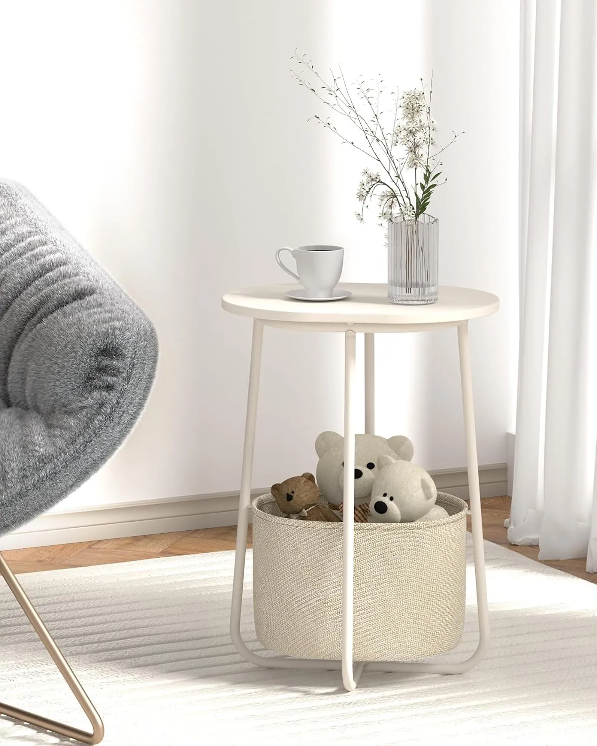 TUTOTAK Small Side Table, Oval End Table, Night Stand, Bedside Table, Sofa Table with Cloth Storage Basket, Living Room, Bed Room, White TB01BW063