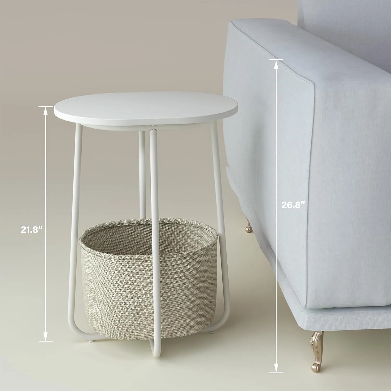 TUTOTAK Small Side Table, Oval End Table, Night Stand, Bedside Table, Sofa Table with Cloth Storage Basket, Living Room, Bed Room, White TB01BW063