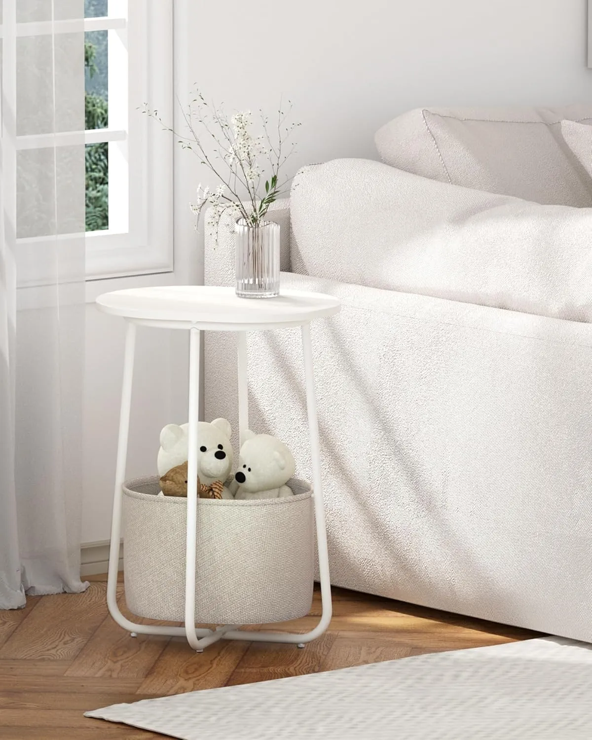 TUTOTAK Small Side Table, Oval End Table, Night Stand, Bedside Table, Sofa Table with Cloth Storage Basket, Living Room, Bed Room, White TB01BW063