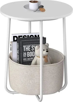 TUTOTAK Small Side Table, Oval End Table, Night Stand, Bedside Table, Sofa Table with Cloth Storage Basket, Living Room, Bed Room, White TB01BW063