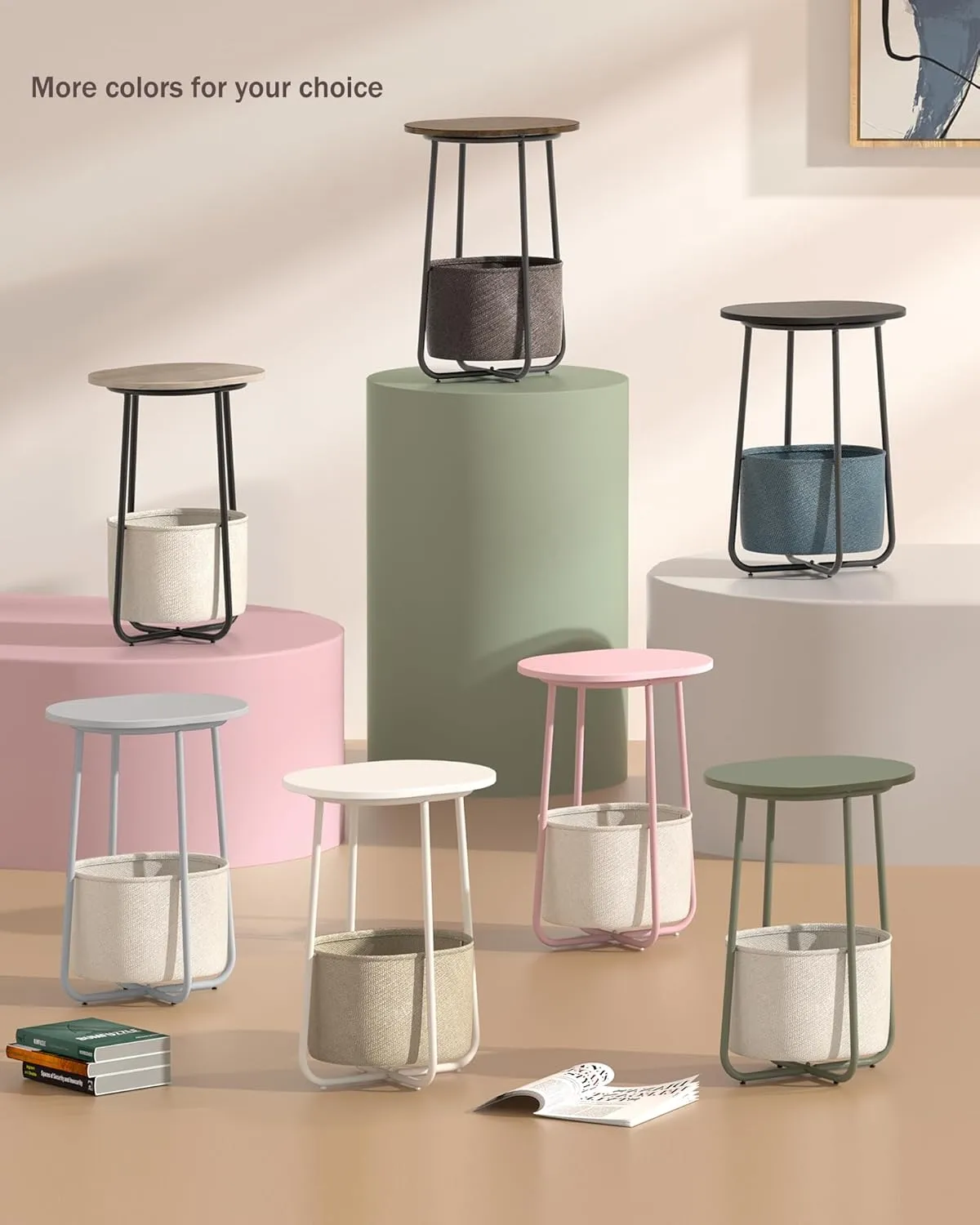 TUTOTAK Small Side Table, Oval End Table, Night Stand, Bedside Table, Sofa Table with Cloth Storage Basket, Living Room, Bed Room, White TB01BW063