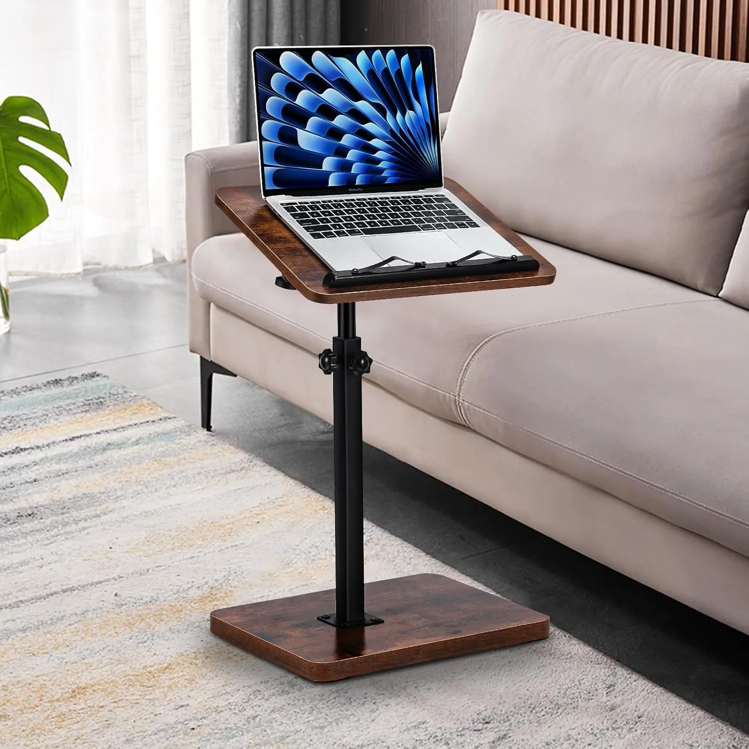 TV Tray Table for Couch, 360° Swivel/Height Adjustable / 180° Flip, C Shaped End Table with Book Clip for Sofa/Bed/Bathtub with Phone & Tablet Slot (Rustic)