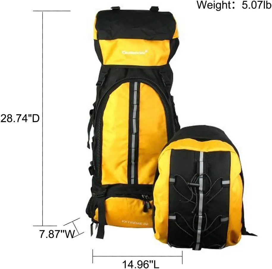 UNISTRENGH 70L 10L Internal Frame Backpack Waterproof Hiking Backpack Backpacking for Camping Mountaineering Fishing (80L Yellow)