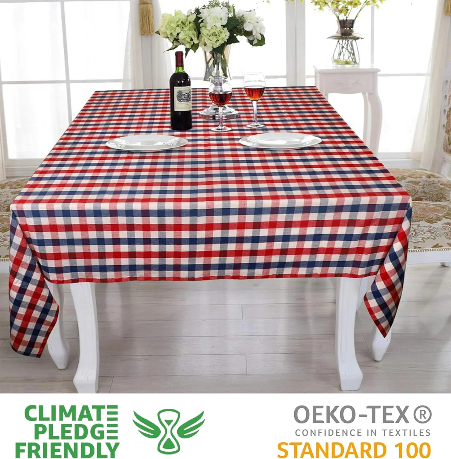 Urban Villa Tablecloth Buffalo Check Table Cloth Tabletop Cover Kitchen Dining Tablecloth 100% Cotton Party Holiday Dinner Red/Blue/White Rectangle 60X102 Inches 8-10 Seats Table Cloth