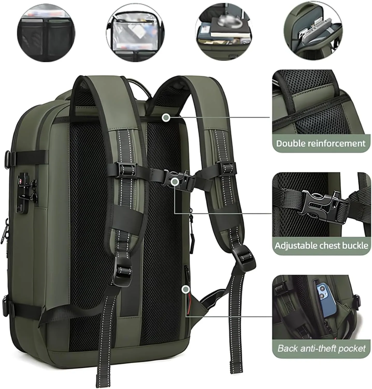 Vaccage - Vaccage Backpack, 60L Expandable Vacpack Backpack Vacuum Compression, Large Capacity Anti Theft Travel Back Pack (Green)