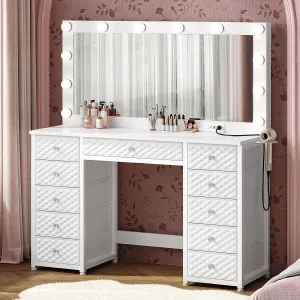 Vanity with Extra Large Mirror and Lights, Makeup Vanity with Power Strip, 45.3” Vanity Desk with Storage, Dressing Table with 3 Color Modes, Adjustable Brightnessfor Girls, Women (White)