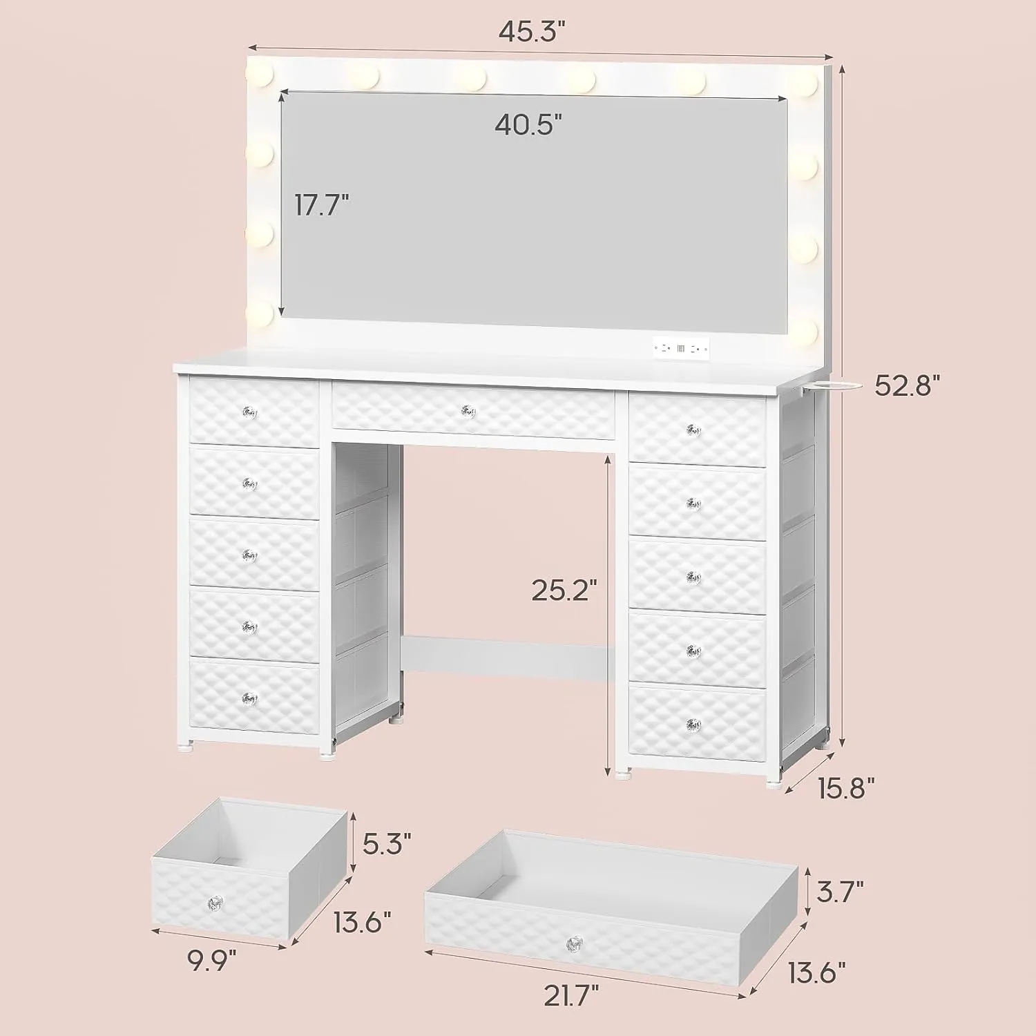 Vanity with Extra Large Mirror and Lights, Makeup Vanity with Power Strip, 45.3” Vanity Desk with Storage, Dressing Table with 3 Color Modes, Adjustable Brightnessfor Girls, Women (White)