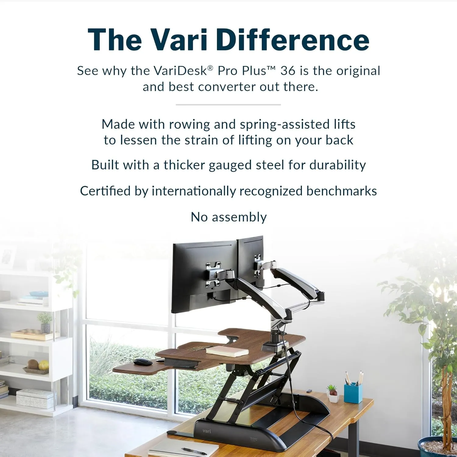 Vari VariDesk Pro Plus 36 - Adjustable Desk Converter with 11 Height Settings - Laptop Sit Stand Desk Riser for Home Office, Table Tops, Workspace - Fully Assembled, Spring Loaded Lift - Walnut