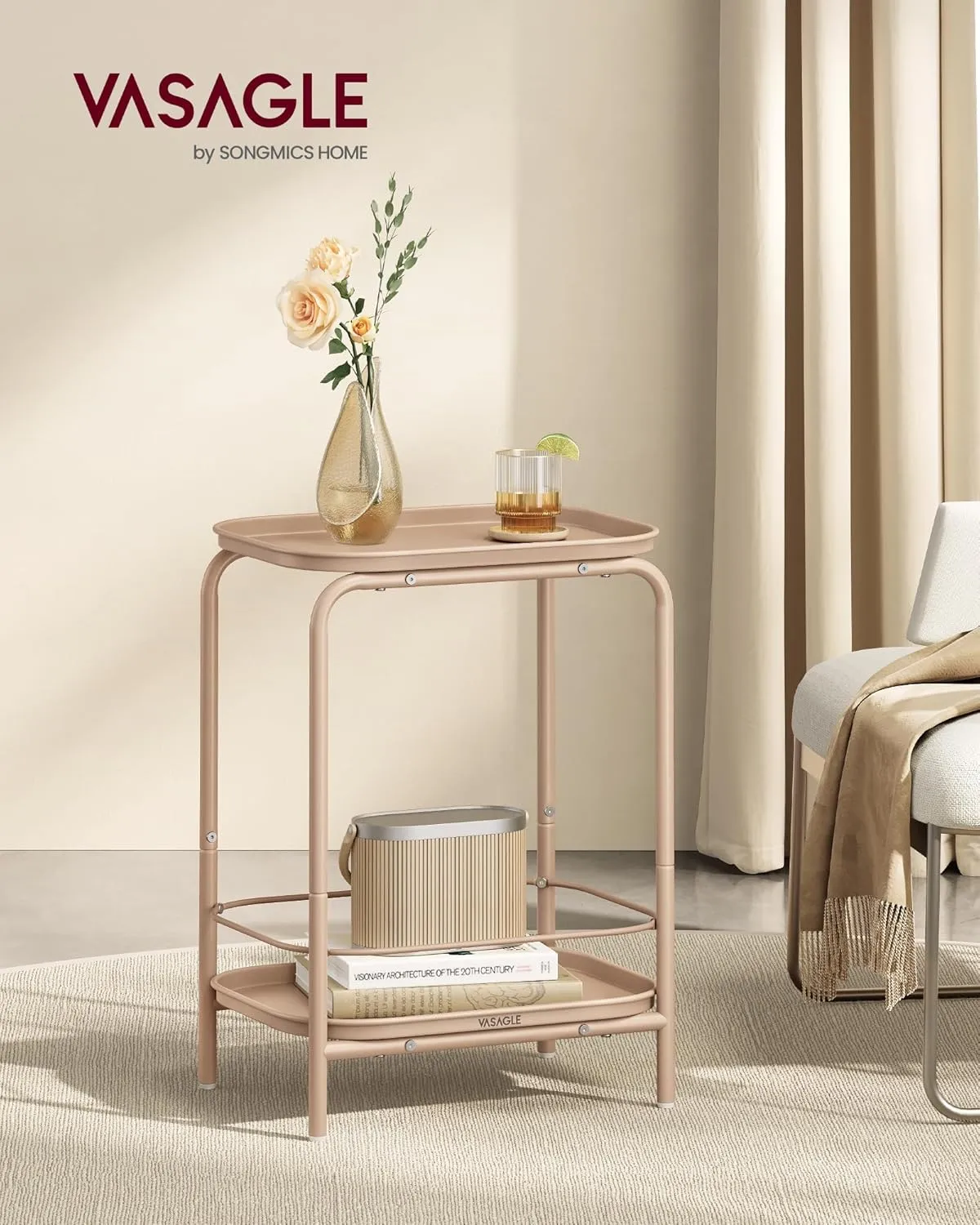 VASAGLE 2-Tier Outdoor Table, Small Side End Table with Tray Storage, Bedside Nightstand for Living Room, Bedroom, Modern Style, Camel Brown ULET243K01