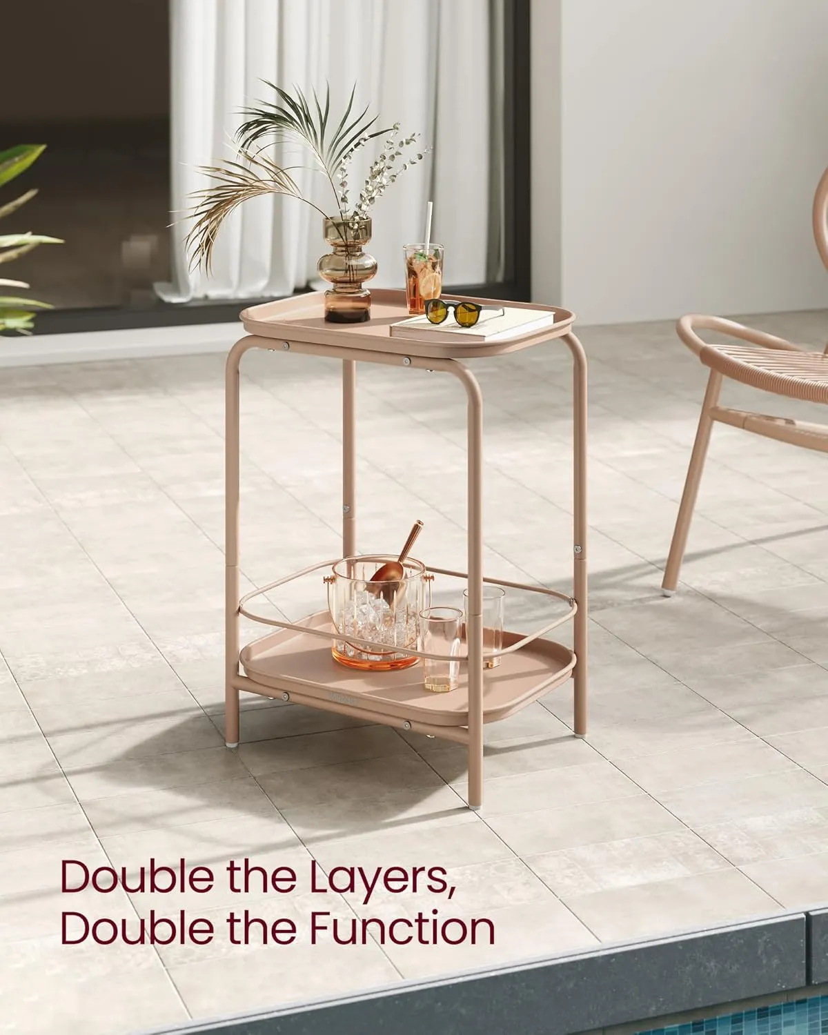 VASAGLE 2-Tier Outdoor Table, Small Side End Table with Tray Storage, Bedside Nightstand for Living Room, Bedroom, Modern Style, Camel Brown ULET243K01