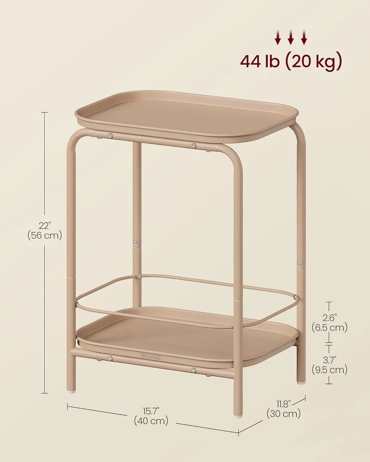 VASAGLE 2-Tier Outdoor Table, Small Side End Table with Tray Storage, Bedside Nightstand for Living Room, Bedroom, Modern Style, Camel Brown ULET243K01