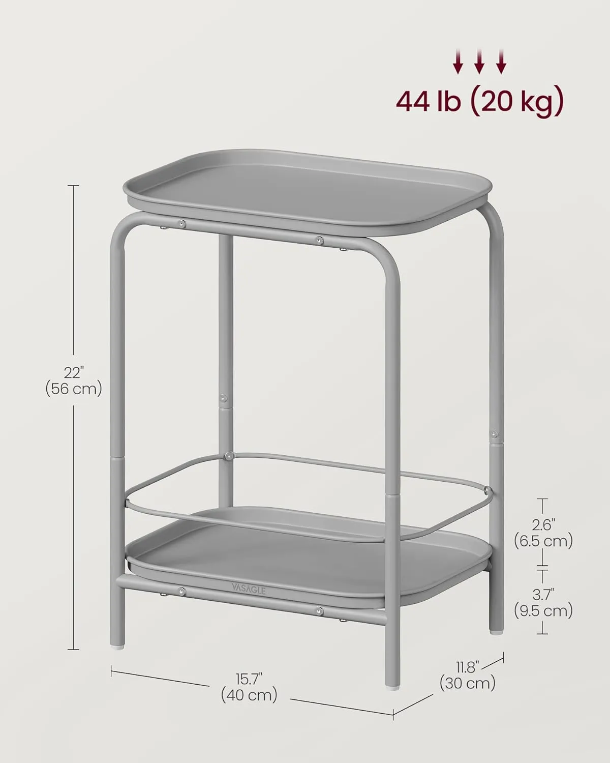 VASAGLE 2-Tier Outdoor Table, Small Side End Table with Tray Storage, Bedside Nightstand for Living Room, Bedroom, Modern Style, Dove Gray ULET243G01