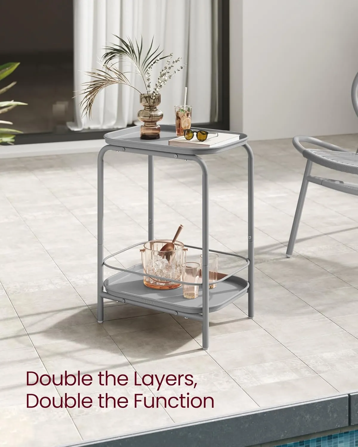VASAGLE 2-Tier Outdoor Table, Small Side End Table with Tray Storage, Bedside Nightstand for Living Room, Bedroom, Modern Style, Dove Gray ULET243G01