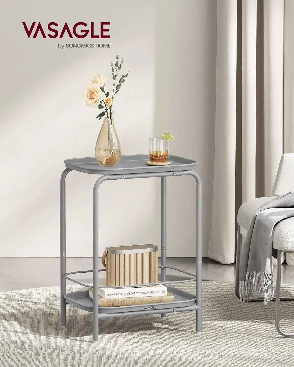 VASAGLE 2-Tier Outdoor Table, Small Side End Table with Tray Storage, Bedside Nightstand for Living Room, Bedroom, Modern Style, Dove Gray ULET243G01