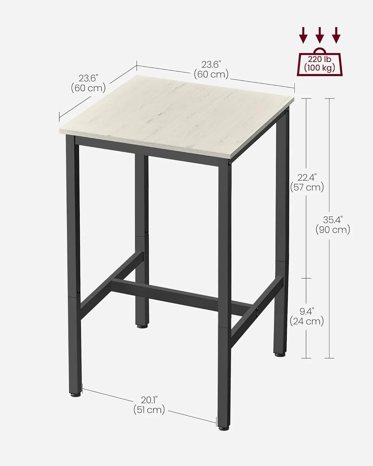 VASAGLE Bar Table, Small Kitchen Dining High Top Pub Cocktail Table for Living Room Party, Sturdy Metal Frame, 23.6 x 23.6 x 36.2 Inches for Narrow Spaces, Easy to Assemble, Vintage White and Black