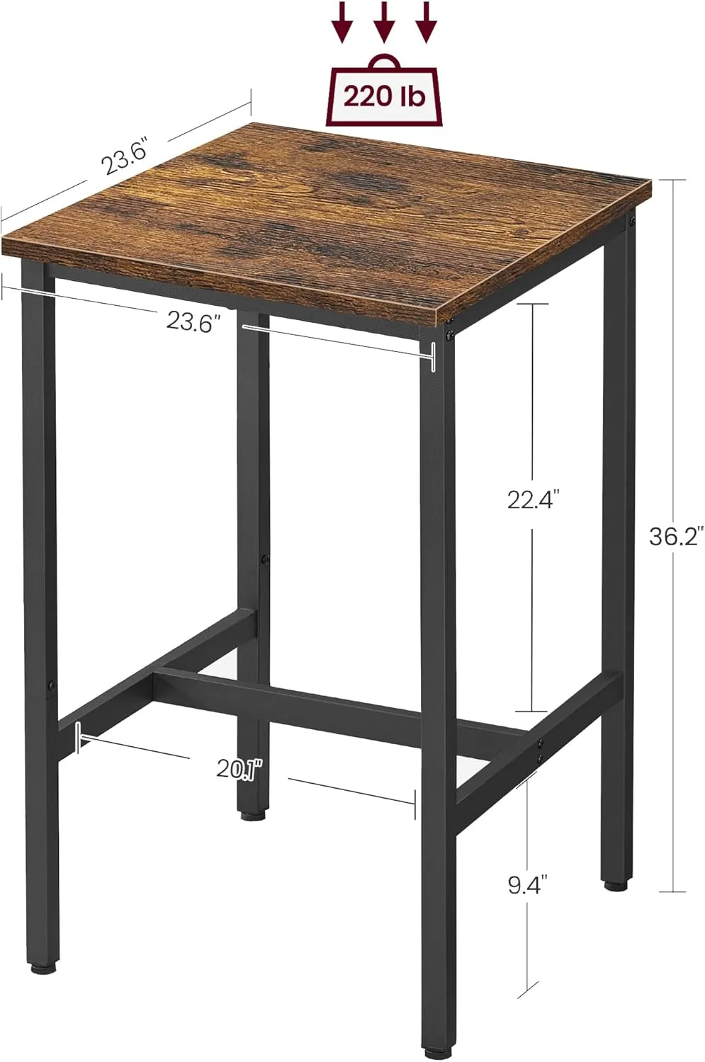 VASAGLE Bar Table, Small Kitchen Dining Table, High Top Pub Table, Bar Height Cocktail Table for Living Room Party, Sturdy Metal, 23.6 x 23.6 x 35.4 Inches for Narrow Spaces, Rustic Brown and Black
