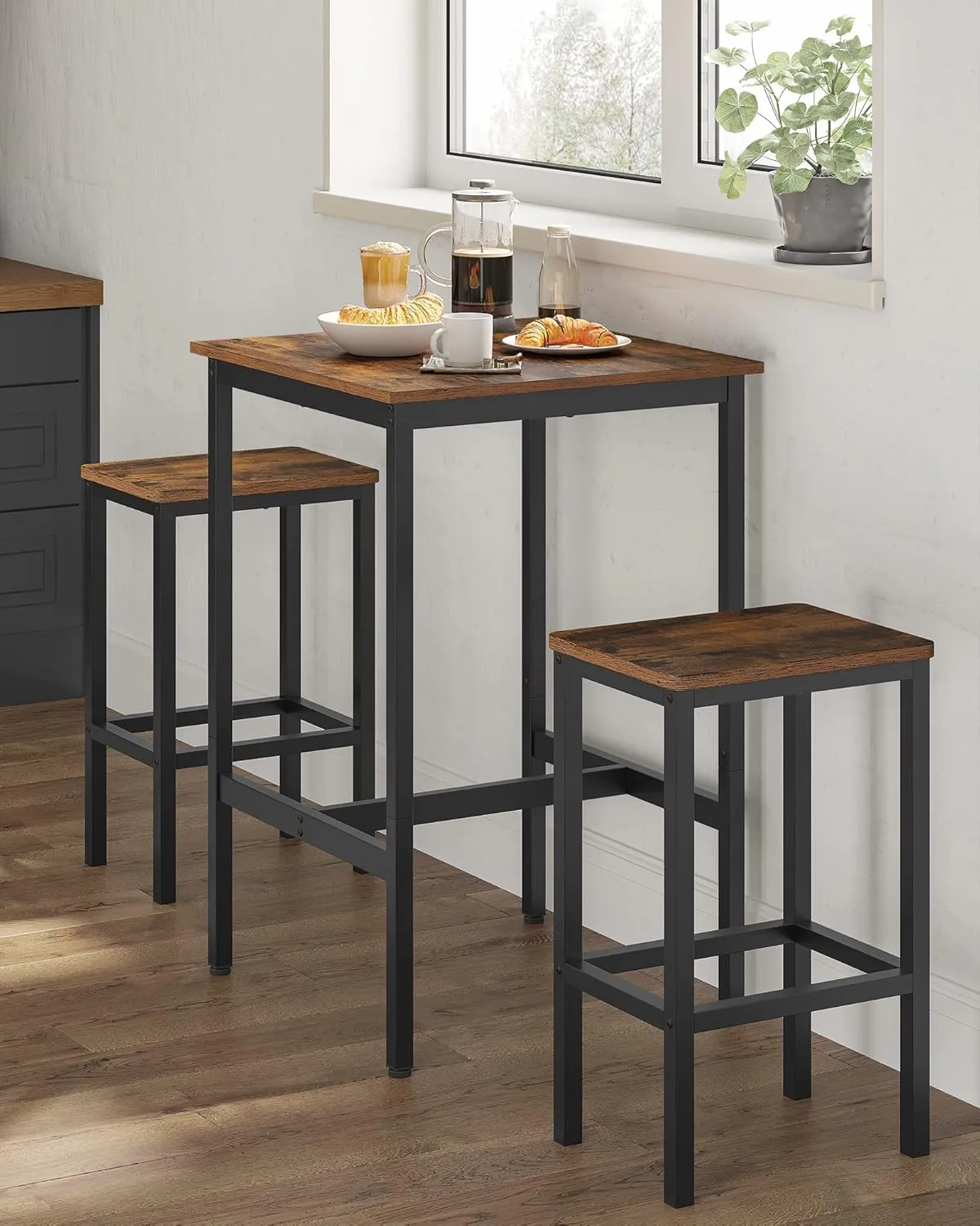 VASAGLE Bar Table, Small Kitchen Dining Table, High Top Pub Table, Bar Height Cocktail Table for Living Room Party, Sturdy Metal, 23.6 x 23.6 x 35.4 Inches for Narrow Spaces, Rustic Brown and Black