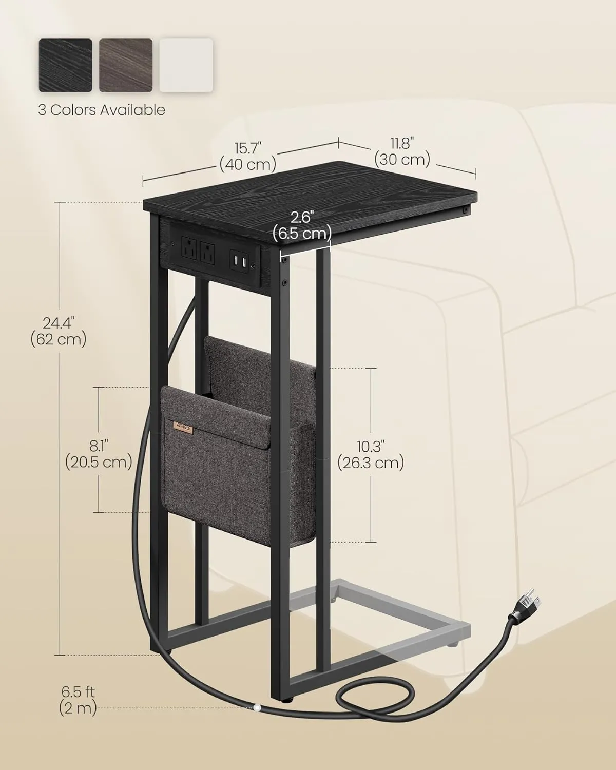 VASAGLE C-Shaped Side Table, End Table with Charging Station, 2 USB Ports and Outlets, C Table for Couch, Sofa, with Storage Bag, Adjustable Feet, for Bedroom, Living Room, Ebony Black ULET356B01