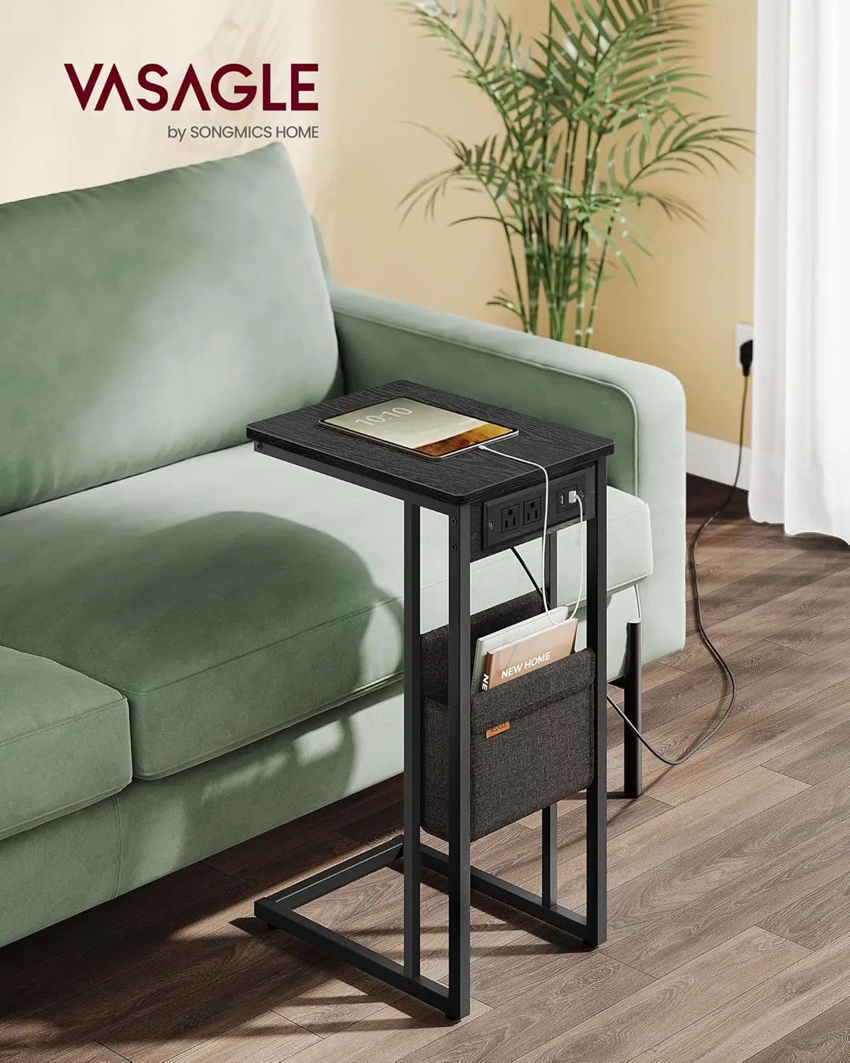VASAGLE C-Shaped Side Table, End Table with Charging Station, 2 USB Ports and Outlets, C Table for Couch, Sofa, with Storage Bag, Adjustable Feet, for Bedroom, Living Room, Ebony Black ULET356B01