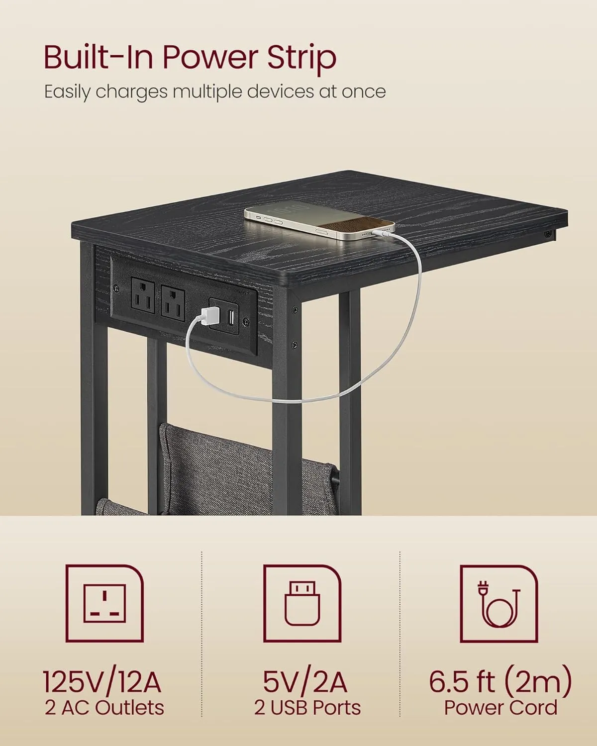 VASAGLE C-Shaped Side Table, End Table with Charging Station, 2 USB Ports and Outlets, C Table for Couch, Sofa, with Storage Bag, Adjustable Feet, for Bedroom, Living Room, Ebony Black ULET356B01
