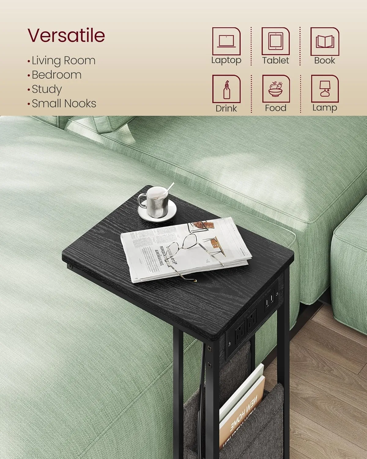 VASAGLE C-Shaped Side Table, End Table with Charging Station, 2 USB Ports and Outlets, C Table for Couch, Sofa, with Storage Bag, Adjustable Feet, for Bedroom, Living Room, Ebony Black ULET356B01