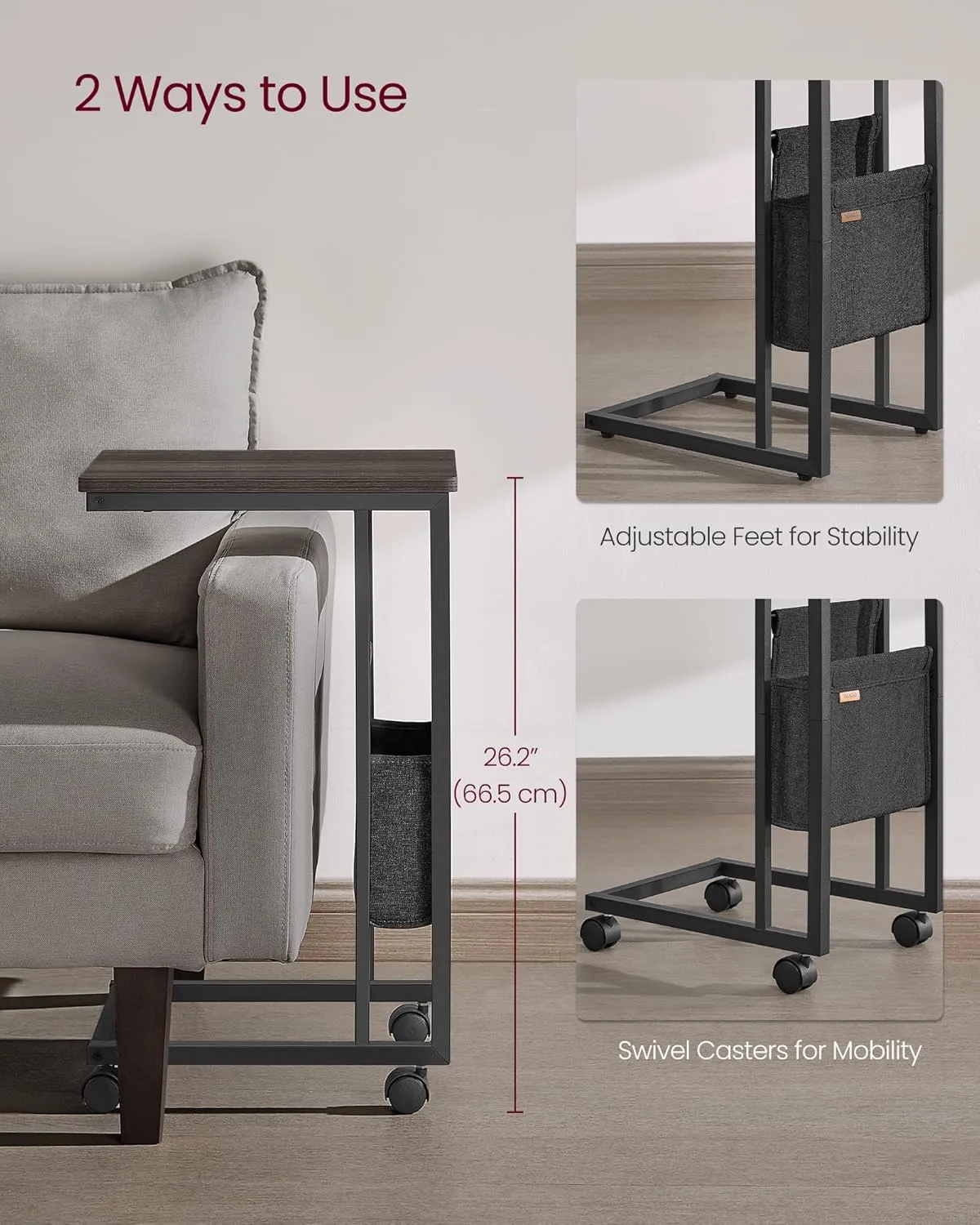 VASAGLE C-Shaped Side Table, End Table with Wheels, C Table for Couch, Sofa, with Storage Bag, Adjustable Feet, for Bedroom, Living Room, Ash Brown ULET357K74