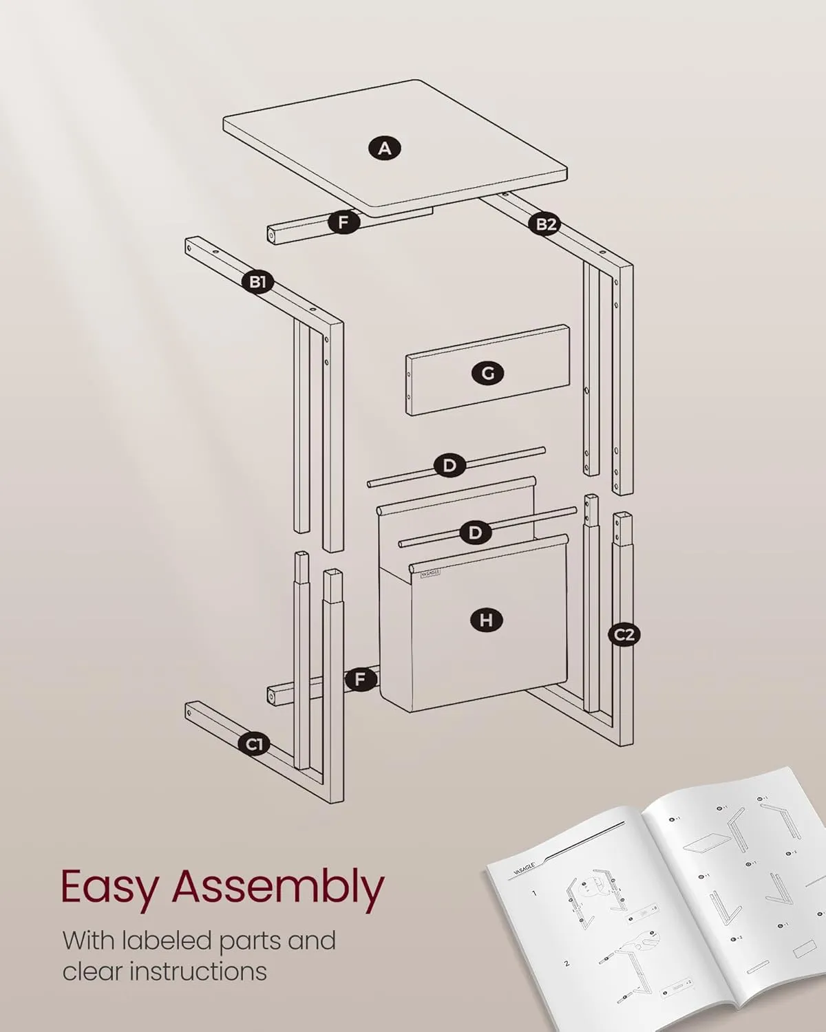 VASAGLE C-Shaped Side Table, End Table with Wheels, C Table for Couch, Sofa, with Storage Bag, Adjustable Feet, for Bedroom, Living Room, Ash Brown ULET357K74