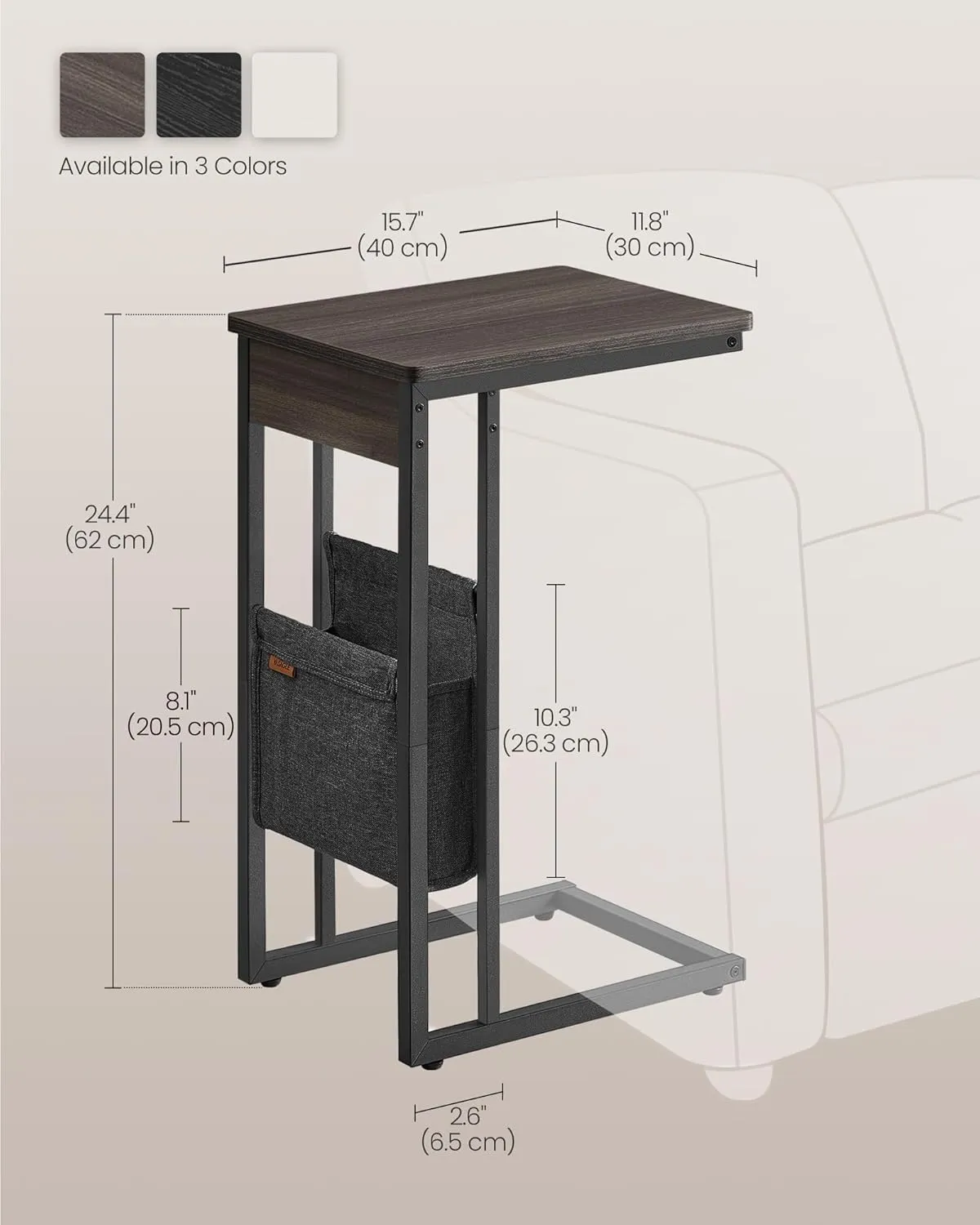 VASAGLE C-Shaped Side Table, End Table with Wheels, C Table for Couch, Sofa, with Storage Bag, Adjustable Feet, for Bedroom, Living Room, Ash Brown ULET357K74