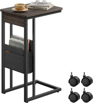 VASAGLE C-Shaped Side Table, End Table with Wheels, C Table for Couch, Sofa, with Storage Bag, Adjustable Feet, for Bedroom, Living Room, Ash Brown ULET357K74