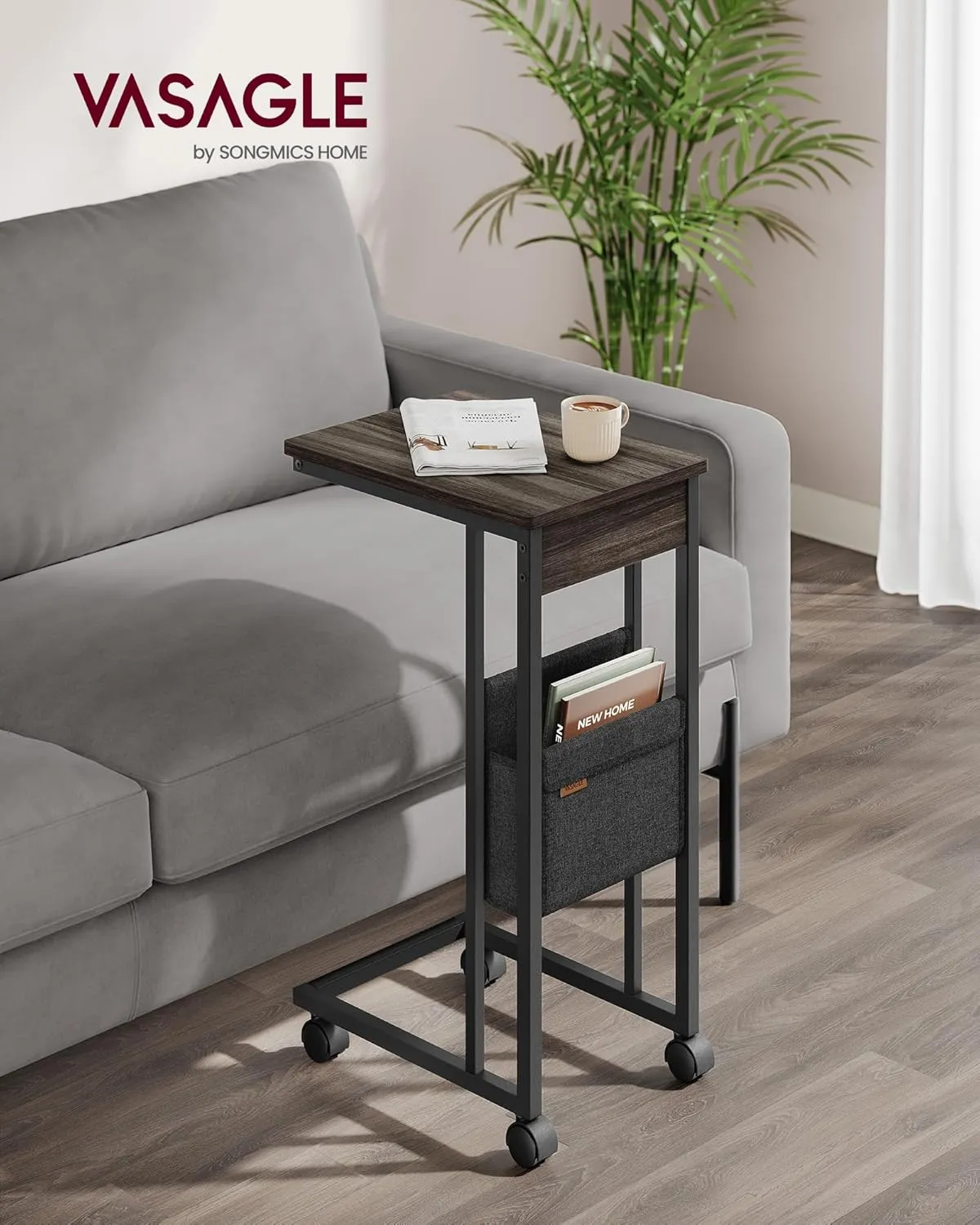 VASAGLE C-Shaped Side Table, End Table with Wheels, C Table for Couch, Sofa, with Storage Bag, Adjustable Feet, for Bedroom, Living Room, Ash Brown ULET357K74