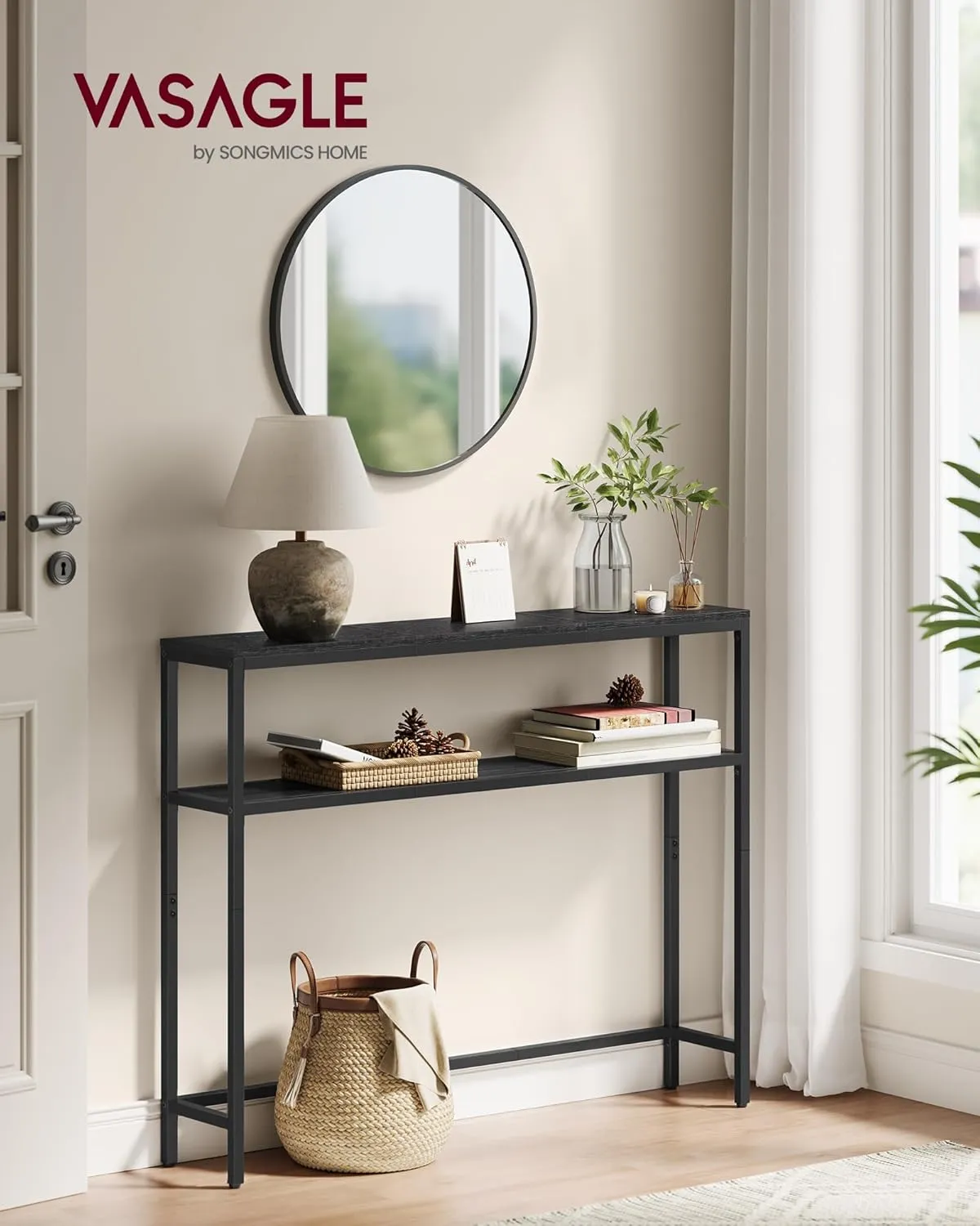 VASAGLE Console Table, 2-Tier Sofa Table, 7.9 x 31.5 x 31.5 Inches, Narrow Entryway Table, Modern Entry Table with 2 Shelves, for Living Room, Bedroom, Charcoal Gray and Ink Black ULNT130B22