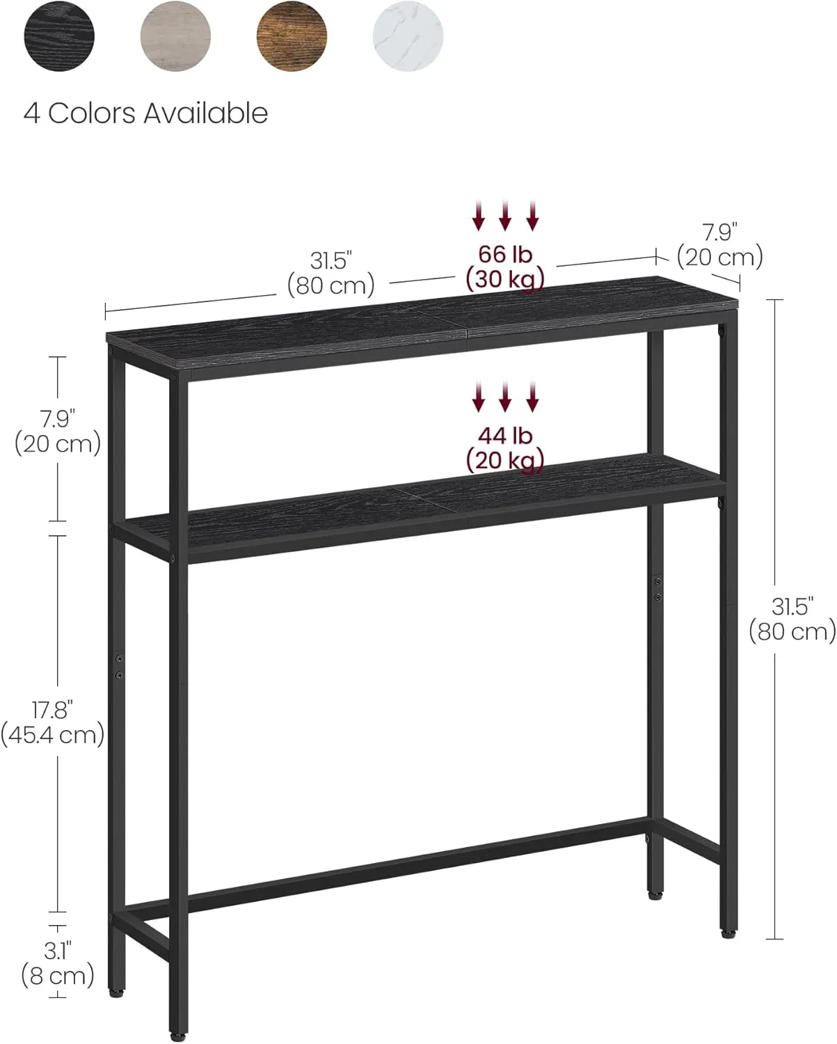VASAGLE Console Table, 2-Tier Sofa Table, 7.9 x 31.5 x 31.5 Inches, Narrow Entryway Table, Modern Entry Table with 2 Shelves, for Living Room, Bedroom, Charcoal Gray and Ink Black ULNT130B22